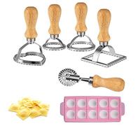 Kimprinsj Manual Aluminium Dumpling Maker Set with Square, Round & Heart Molds, Ravioli Wheel, Silicone Mold, Brown