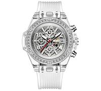 KIMSDUN Stylish Crystal Skeleton Sport Watches, 3 Dials, Stop Watch, Waterproof, Analog Quartz Date Calendar Wristwatch, Transparent Case Casual Watch, Silicone Strap for Women, Student Unisex,