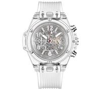 KIMSDUN-Stylish Skeleton Sport Watches, 3 Dails, Waterproof, Analog Quartz Date Calendar Wristwatch, Transparent Case Casual Watch, Silicone Strap for Men Student Unisex, Transparent-White-White,