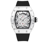 KIMSDUN-Stylish Skeleton Sport Watches, Waterproof, Analog Quartz Date Calendar Wristwatch, Transparent Tonneau Case Casual Watch, Silicone Strap for Men Unisex, Black-Black, Transparent , Skeleton.