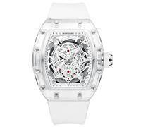 KIMSDUN-Stylish Skeleton Sport Watches, Waterproof, Analog Quartz Date Calendar Wristwatch, Transparent Tonneau Case Casual Watch, Silicone Strap for Men Unisex, White-White, Transparent , Skeleton.