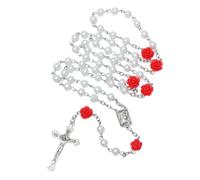 KIMUWHI Catholic Rosary Necklace for Women, Simulated Pearl Prayer Beads with Rose Accents, Silver Crucifix & Our Lady of Lourdes Medal, Religious Gift for Her, Plastic, No Gemstone