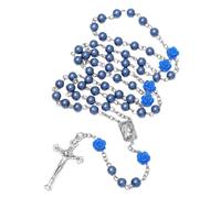 KIMUWHI Catholic Rosary Necklace for Women, Simulated Pearl Prayer Beads with Rose Accents, Silver Crucifix & Our Lady of Lourdes Medal, Religious Gift for Her, Plastic, No Gemstone