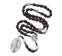 KIMUWHI Handmade Brown Wood Catholic Rosary Necklace, St. Benedict Medal, Crucifix, Prayer Beads for Men & Women, Wood, No Gemstone