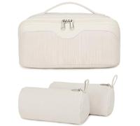 Kimwadalh Portable Makeup Bag for Women, Cosmetic Organizer Waterproof Bag Set of 3, Large Capacity Pouch Open Flat Small Toiletry Bag with Brush Compartment & Handle, Beige