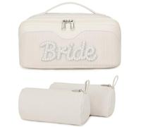 Kimwadalh Portable Makeup Bag for Women, Cosmetic Organizer Waterproof Bag Set of 3, Large Capacity Pouch Open Flat Small Toiletry Bag with Brush Compartment & Handle, Beige Bride