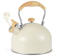 Kinberry Stove Top Kettle, 2.5L Stainless Steel Whistling Kettle with Loud Whistle, Induction Kettle with Heat Resistant Wood Effect Handle, for Gas Stove or Induction Hob(Cream)