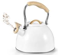 Kinberry Stove Top Kettle, 3L Stainless Steel Whistling Kettle with Loud Whistle, Induction Kettle with Heat Resistant Wood Effect Handle, for Gas Stove or Induction Hob(White)