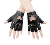 KINBOM 1 Pair Half Finger Leather Gloves, Stylish Fingerless Leather Gloves with Rhinestone Biker Punk Gloves for Halloween Women Girls Cosplay Performance (Black)