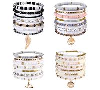 KINBOM 28pcs Preppy Bracelets, Y2K Bracelets Beads Aesthetic Handmade Charm Boho Disc Heishi Beaded Stretch Bracelet Summer Beach Jewelry for Women Teen