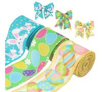 KINBOM 3 Rolls of Multicolored Easter Wired Ribbon, 15 Yards (14 Meters), 6.3 cm (2.5 Inch) Wide, Burlap & Metal Wire, Ideal for DIY Decorations, Gift Wrapping, Home Decor, Easter Celebrations