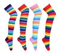 KINBOM 4 pairs Knee High Rainbow Socks, Thigh High Striped Knee Socks Pride Rainbow Striped Socks Halloween Stockings for Christmas Cosplay Costume Dress up Party