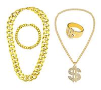 KINBOM 4pcs Hip Hop Costume Kit, Dollar Sign Necklace and Ring Rapper Gold Chain and Bracelet 80s 90s Rapper Accessories for Men Women