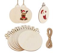 KINBOM 50 Pcs 8.5cm Round Wooden Ornaments, Wood with Natural Twine Christmas Embellishments Unfinished Round Pieces for Christmas Wooden DIY Blank Discs Handmade Crafts