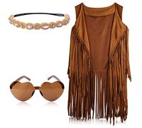 KINBOM 60s 70s Costume Set for Women, Bohemian Hippie Costume Accessories Set Fringe Vest Leopard Print Earrings Headband Heart Sunglasses (M) Brown
