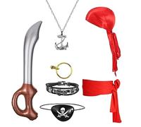 KINBOM 7pcs Halloween Pirate Costume, Pirate Cosplay Accessories Including Pirate Headband Belt Inflatable Sword and Other Pirate Accessories Cosplay Accessories for Halloween Pirate Party