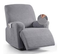 KinCam Jacquard Recliner Chair Cover, Stretch Armchair Covers with Armrest & Pocket, Soft Couch Cover Sofa Protector for Dogs & Pets, Washable Non Slip Sofa Slipcover (1 Seater, Light Grey)