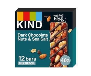 KIND Bars, Gluten Free Snack Bars, Dark Chocolate Nuts & Sea Salt, High Fibre, Healthy Snack, No Artificial Colours, Flavours or Preservatives, Multipack 12 x 40g