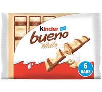 Kinder Bueno White Chocolate Bars Multipack - Crispy Wafer with Creamy Hazelnut Filling & Cocoa Meringue - 3 Packs x 2 Bars (6 Bars Total)