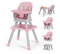 Kinder King 8 in 1 Baby High Chair, Coverts to Dining Booster Seat/Kids Table & Chair Set/Toddler Building Block Table/Kids Stool, Removable Tray & Double Seat Cover, Easy to Wipe, Grey & Pink