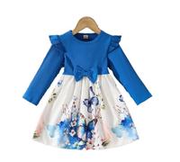 Kinder Mädchen Kleider Bowknot Langarm Kinder Kleider A-Linie Kleid Rundhals Blau