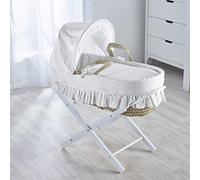 Kinder Valley Baby Moses Basket with White Folding Stand - Broderie Anglaise White Palm Moses Basket Includes Adjustable Hood, Fibre Mattress & Padded Liner | (Gift for Newborn Baby Girls & Boys)