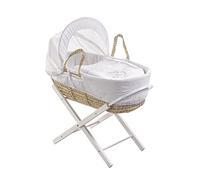 Kinder Valley Baby Moses Basket with White Folding Stand - Embroidered White Teddy Wash Day Palm Moses Basket with Adjustable Hood, Fibre Mattress & Padded Liner | (Gift for Newborn Baby Girls & Boys)