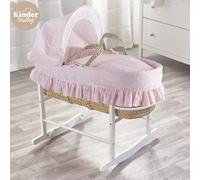 Kinder Valley Broderie Anglaise Pink Palm Moses Basket With Rocking Stand White
