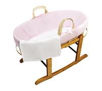 Kinder Valley Pink Hand-woven Palm Moses Basket with Deluxe Natural Rocking Stand, Fibre Mattress, Flat Fitted Sheet & Cellular Baby Blanket,