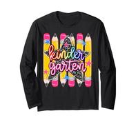 Kindergarten Girls Pencil Stripe Rainbow Leopard Composition Long Sleeve T-Shirt