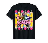 Kindergarten Girls Pencil Stripe Rainbow Leopard Composition T-Shirt