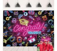 Kindergarten Graduation Backdrop Neon Theme Congratulations Graduates Photography Background 5th Grade Graduation Decoration Banner (8x6FT（240x180cm）)