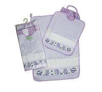 Kindergarten Nursery Set for Embroidering Friends of the Woodland 3 pieces: sponge bib with elastic cm.28x32, towel cm.40x55 with ethamine band + 100% Cotton bag Made in Italy (LILLA)