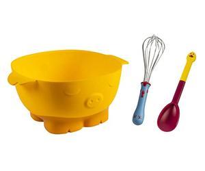 KINDERKITCHEN Tool 3pc Set (Chicken Whisk, Pig Bowl, Goose Spoon), Black