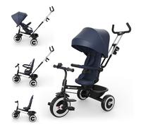 Kinderkraft ASTON 2 PRO Tricycle, 360° Rotating Seat, Reclining Both Directions, Adjustable Parent Handle, Freewheel Pedals, Canopy with Window, 9 Months to 5 Years, Navy