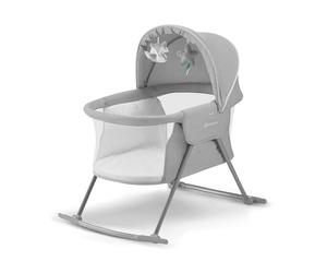 Kinderkraft LOVI Baby Crib 3 in 1, Cradle, Travel Cot, Rocker, Easy Folding and Unfolding, Adjustable Canopy, with Accessories, Mattress Cover, Included Toys, Transport Bag, for Newborn, 0-9 kg, Gray