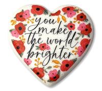 Kindness Collective Inspirational Floral Pocket Heart Stone, Giftable Carded Keepsake with Enouraging Message for Her, 2.25 x 2.25 Inch Cast Stone You Make the World Brighter