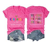 Kindness is Free in Front Print Tees Be Kind Be True Be You Brave Be Happy The Back Printed Tops Women V-Neck Shirt (Rose Red,M)