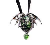 Kindred Spirits - Dragon Cameo Oval Cabochon Style Pendant Necklace in Double Winged Dragon Setting with Heart Style Manmade Crystal Dropper, Ribboned - Artwork by Anne Stokes