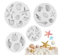 KineticKraft 4 Pieces Marine Theme Cake Fondant Silicone Mold, Seashell Conch Starfish Coral Baking Molds, Chocolate Moulds, Shell Silicone Moulds for DIY Cake Decoration Candy Crafting Project