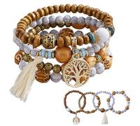 KinetiCore Boho Beaded Bracelet,Tree of Life Pendant Multilayer Wooden Beaded, Stretch Elastic, Set Stackable or Wearable Separately,Boho Ethnic Travel Bracelet(Pack Of 4), Brown
