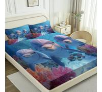 King 3-Piece Luxury Sheet Set, Cartoon Dolphins Coral Reef Design 30 Cm Deep Skirt Fitted Sheet - Soft Strong With Pillow Cases 2 Pack Blue Printed Bed Cover Room Decor