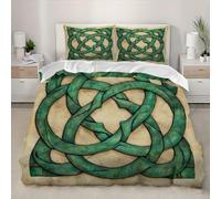 King 91x87 inch 3D Duvet Cover Set Microfiber Bedding Set 3 Piece with 2 Pillowcases Green Celtic Knot Duvet Cover Set with Zipper, Soft Retro Quilt Cover All Season for Child Aldult