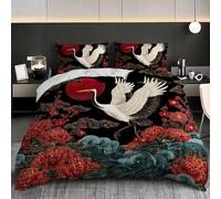 King 91x87 inch Duvet Cover Bedding 3 Pieces Japanese Floral Red Crowned Crane 3D Duvet Cover Microfiber Bedding Set Comfortable Soft Fluffy Breathable Easy to Care Red Double Quilt Cover