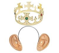 King Accessory Set - Gold Crown with Attached Jewels, Large Ears on Headband - King's Street Party Fancy Dress Costume Accessory Set VE DAY COMMONWEALTH