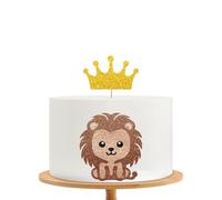 King and Crown Cake Topper, Welcome little King Baby Shower Cake Decor, Gold Glitter Lion Birthday Cake Topper for Boy, Wild Animal Party Decoration
