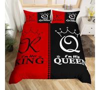 King and Queen Couple Comforter Cover Super King For Adults Men Women,Red Black White Crown Bedding Set Mr Mrs His Her Duvet Cover Romantic Valentine'S Day Wedding Gifts Quilt Cover 3 Pcs