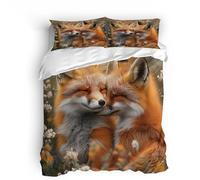 King Animal Bedding Set Ultra-Soft Microfiber Duvet Cover Set 3Pcs - 230x220cm + 2 Pillowcases 50x75cm - Yellow Fox 3D Printed Design with Zip Closure & Corner Ties
