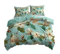 King Bedding Set Country Style Magnolia Pattern Breathable Duvet Cover Set, Green Bedding Sets with 2 Pillowcases, Microfiber Quilt Cover with Hidden Zipper