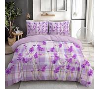 King Bedding Set Geometric Grid Flowers Lavender Breathable Duvet Cover Set, Light Purple Bedding Sets with 2 Pillowcases, Microfiber Quilt Cover with Hidden Zipper